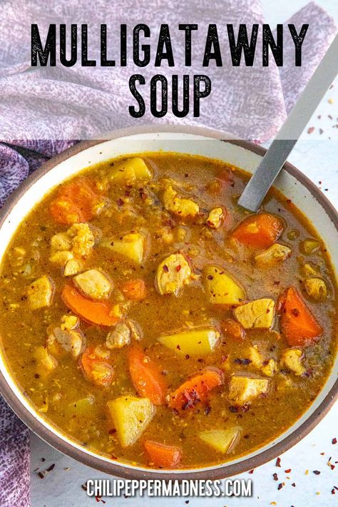 Mulligatawny soup is an Indian fusion dish that blends curry, lentils, veggies, and broth for a hearty & flavorful meal, perfect for spicy food lovers. Brothy Soup Recipes, Mulligatawny Soup Recipe, Curry Lentils, Spicy Lentil Soup, Mulligatawny Soup, Fusion Dishes, Spicy Soup, Cooking Courses, Going Vegetarian