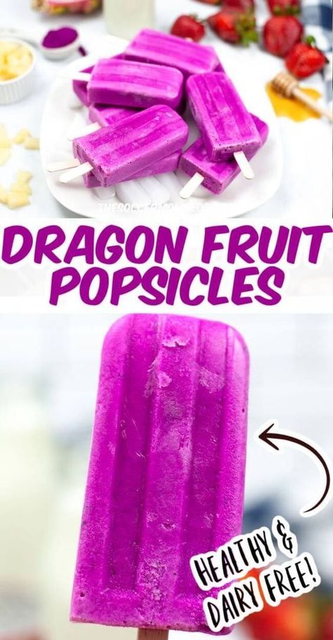 These dragon fruit popsicles from the Soccer Mom Blog are perfect for summer! They are so easy to make, healthy, and delicious. Even your kids will love them! Try making these frozen summer desserts this weekend! Diy Popsicle Recipes, Dragon Fruit Dessert, Dragon Fruit Powder, Fruit Popsicle Recipes, Dragonfruit Recipes, Fruit Ice Pops, Homemade Fruit Popsicles, Healthy Popsicle Recipes, Ice Pop Recipes