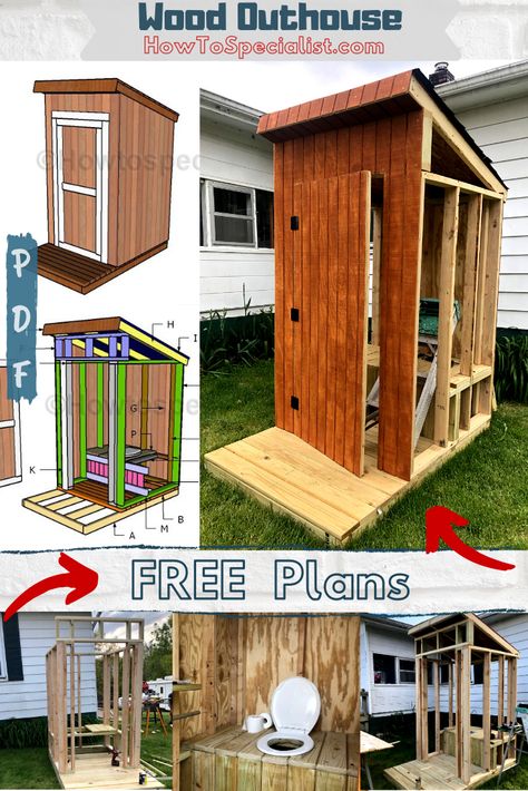 This is a step by step tutorial on how to build a wooden outhouse. The free plans come with 3D diagrams and a full Cut & Shopping lists. PDF download and Print friendly. #outhouse #outhouseplans #buildanouthouse Outhouse Plans How To Build, Simple Outhouse Plans, Outhouse Diy, Simple Outhouse, Wooden Outhouse, Diy Outhouse, Outhouse Design, Outhouse Ideas, Cedar Projects