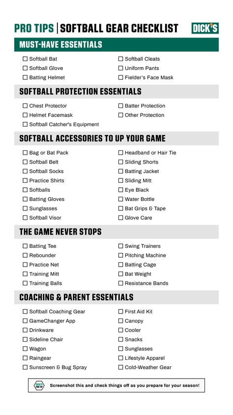 Gear up with all of the softball essentials you need with the ProTips Softball Checklist. Learn more about the softball gear, accessories, training equipment and softball must-haves you need for a winning season. Softball Essentials, Eye Black Softball, Softball Accessories, Softball Socks, Winning Season, Softball Gear, Pitching Machine, Softball Equipment, Softball Catcher