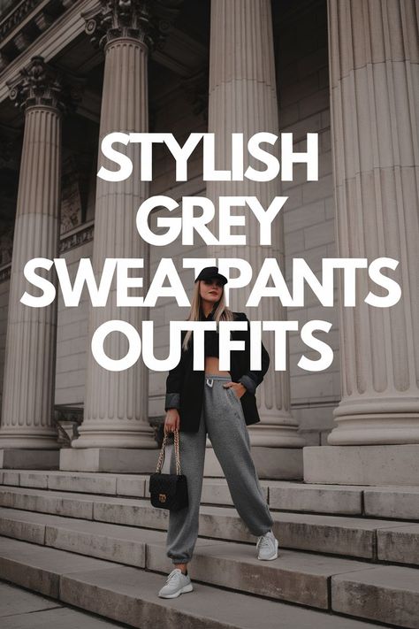 Stylish and Comfy Casual Sweatpants Outfit Ideas Grey Sweatpants Outfit Woman, Sweatpants Party Outfit, Gray Jogger Outfits Women, Grey Flare Sweatpants Outfit, Classy Sweatpants Outfit, Grey Joggers Outfit Women, Grey Sweatpants Outfit Women, How To Style Gray Sweatpants, Dress Up Sweatpants Outfits