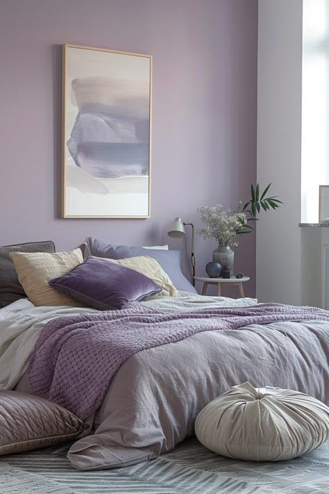 29 Lavender Boho Bedroom Ideas 14 Light Purple Bedroom Walls, Lavender Boho Bedroom, Lavender Bedrooms, Purple And Gray Bedroom Ideas, Home Paint Color Palette, Purple And Gray Bedroom, Lilac Bedroom, Lavender Bedroom, Minimalist Bedroom Ideas