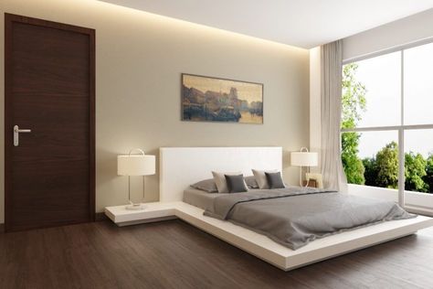 White And Wooden Bed, Bed Attached To Wall, Wooden Flooring Bedroom Modern, Wooden Flooring Bedroom Interior Design, Minimalist Master Bed, Low Height Bed Design, Wooden Flooring Bedroom, Low Bed Ideas, Bedroom References