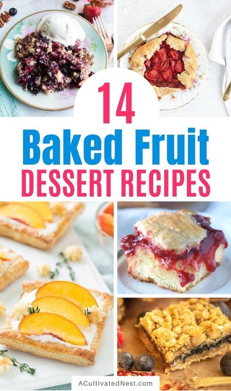 20 Incredible Baked Fruit Dessert Recipes- These incredible baked fruit dessert recipes are a wonderful way to use in-season fruit! They're all so delicious and smell wonderful! | #dessertRecipes #recipe #fruitRecipes #baking #ACultivatedNest Fresh Peach Pie, 1950s Food, Blueberry Dump Cakes, Homemade Snickers, Fruit Dessert Recipes, Dessert Fruit, Baked Fruit, Recipe Dessert, Easy No Bake Desserts