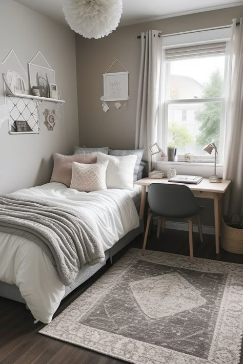 "Home Decor Inspo: Transforming Your Bedroom" Really Small Room Ideas Cozy, Light Gray Room Bedroom Ideas, Room Design Bedroom Aesthetic, Small Teen Girl Bedroom, Small Bedroom Aesthetic Cozy, Small Uni Room Ideas Uk, Bed Rooms Ideas Aesthetic, Small Single Bedroom Ideas, Ideas Decoracion Habitacion