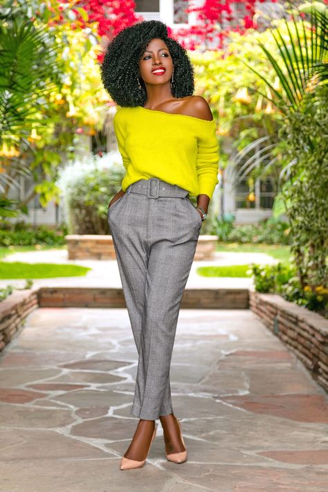 Style Pantry | Neon Off Shoulder (DIY) Sweater + Belted High Waist Pants Green And Yellow Outfit Ideas, Green And Yellow Outfit, Outfit Catalog, Yellow Outfit Ideas, Off Shoulder Diy, Style Pantry, Diy Sweater, Women Fashion Edgy, Yellow Outfit