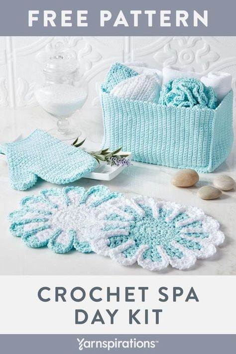 Treat a loved one to a custom spa package with these essentials, crocheted in Bernat Handicrafter Cotton. This free crochet pattern includes instructions for a handmade bath mitt, scrubby, bath pouf, facecloth and stash basket. #Yarnspirations #Bernat #BernatHandicrafter #FreeCrochetPattern #HomeSpa #SpaAtHome #GiftIdea Crochet Scrubbies, Crochet Washcloth, Diy Holiday Gifts, Crochet Kitchen, Crochet Home Decor, Spa Kit, Crochet Home, Crochet Accessories, Crochet Gifts