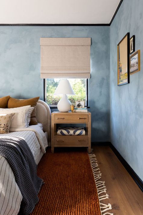 Color-Washed Walls Are Making a Comeback—Here’s How to Get the Look Grayish Blue Paint Colors, Blue Limewash, Shades Of Blue Color, Lime Wash Walls, Limewash Walls, Best Blue Paint Colors, Portola Paint, Spanish Revival Home, Blue Shades Colors