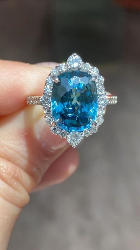 Luxury Blue Diamond Ring, Blue Stone Ring Women, Blue Zircon Engagement Ring, Blue Zircon Ring, Antique Cushion Cut, Antique Cushion, Big Stone Ring, Diamond Bracelet Design, Blue Engagement Ring