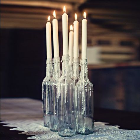 Glass Bottle Candles, Bottle Candle Holder, Long Candles, Vintage Marquee, Pretty Candle, Jam Jars, Vintage Props, Wine Bottle Candles, Prop Hire