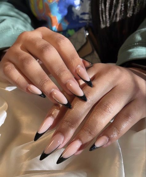 Sleek Black Nails, Classy Design Nails, Long Almond Nails Designs Aesthetic, Nails Acrylic Stiletto Short, Fabulous Nails Classy, Classy Acrylic Nails Almond, Long Almond French Tip Nails, French Tip Acrylic Nails Almond, Long Almond Nails Designs