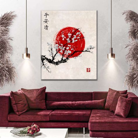 Red Sun Cherry Blossoms Canvas Wall Art brings the Japanese essence into your space. Turn your home into a heavenly place with this beautiful art print, inspired by the Land of the Rising Sun. Japanese Themed Living Room, Japanese Essence, Japan Artwork, Asian Decor Living Room, Couple Apartment, Japanese Diy, Japanese Inspired Bedroom, Japanese Style Bedroom, Chinese Wall Art