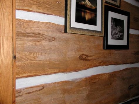 Faux Finishes- painted log cabin walls, I've done this before and it is so simple. Faux Cabin Walls, Log Cabin Walls, Painted Log Home Interior, Painted Log Cabin, Cabin Walls, Log Cabin Interior, Log Wall, Log Cabin Ideas, Interior Finishes