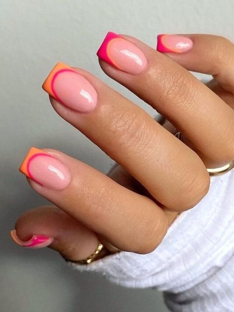 Hot pink and orange double French short nails Pink French Tip Nails Square, French Tip Nails Square, Pink French Tip Nails, Pink Tip Nails, Pink French Tip, Builder Gel Nails, Simple Gel Nails, Summery Nails, French Tip Acrylic Nails