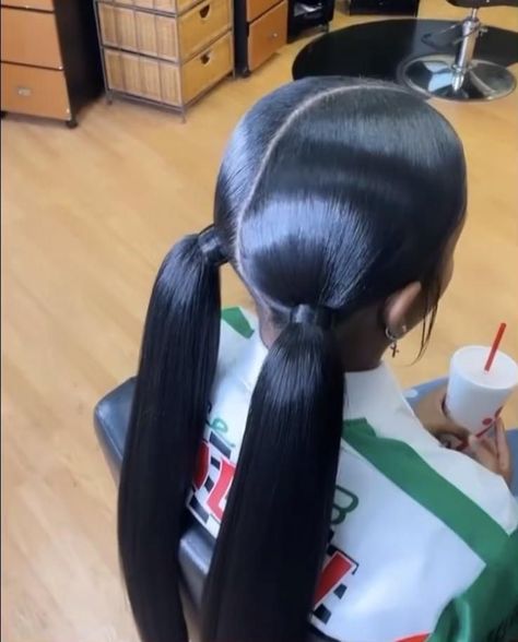 2 Straight Ponytails With Weave, Cute Slick Ponytails For Black Women, 2 Slick Ponytails, Middle Part Two Ponytails, Two Low Ponytails With Swoop, Two Sleek Ponytail Weave, Two Weave Ponytails, 2 Slick Back Ponytail Braids, Sleek Pigtails