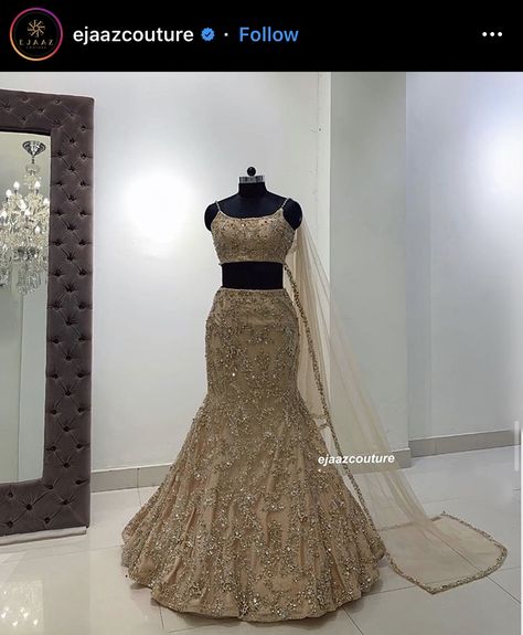 Fish Tail Lehenga, Gold Indian Outfit, Tail Lehenga, Ejaaz Couture, Front Blouse Designs, New Lehenga, Indian Outfits Lehenga, Wedding Saree Blouse, Indian Bridal Fashion