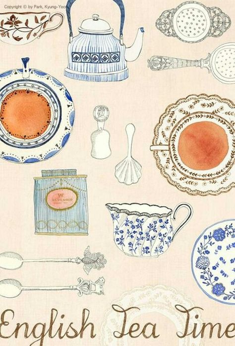 Cook Illustration, English Tea Time, Tea Time Illustration, Lil Doodles, Time Illustration, Tea Cup Art, Tea Illustration, Posca Art, Watercolor Food