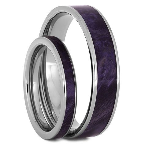 Matching Wedding Band Set with Purple Wood | Jewelry by Johan Matching Wedding Band Sets, Thick Wedding Bands, Flat Ring, Box Elder, Promise Rings For Couples, Titanium Ring, Burl Wood, Matching Wedding Bands, Unique Wedding Bands