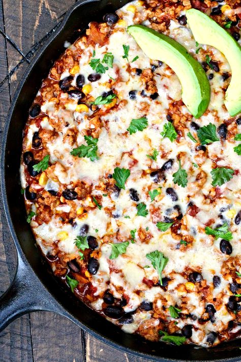 Cheesy Turkey and Cauliflower Rice Taco Skillet | The Foodie Physician Turkey And Cauliflower Rice, Turkey Cauliflower, Cheesy Turkey, Taco Skillet, Make Greek Yogurt, Healthy Ground Turkey, Easy Skillet Meals, Skillet Dishes, Turkey Tacos