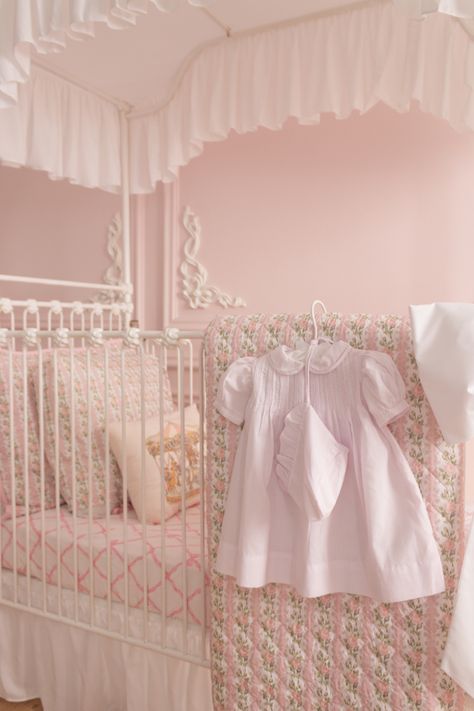 Coquette Baby Nursery, Pink Nursery Aesthetic, Loveshackfancy Nursery, Love Shack Fancy Nursery, Elegant Girl Nursery, Loveshackfancy Room, Love Shack Fancy Bedroom, Coquette Nursery, Vintage Inspired Nursery