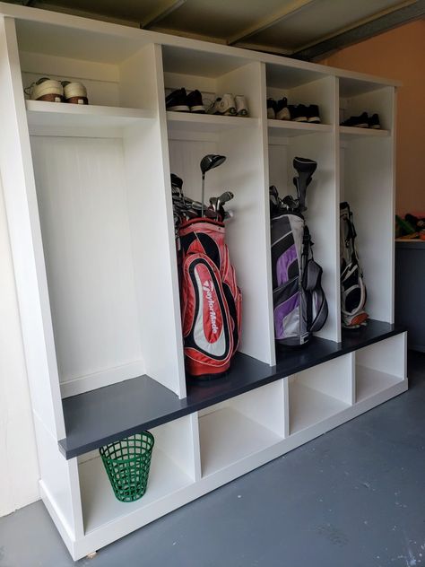 Golf Locker Diy, Sports Mudroom Ideas, Garage Hockey Storage, Sports Mudroom, Garage Golf Storage, Garage Locker Storage, Garage Cubbies, Hockey Garage, Hockey Storage