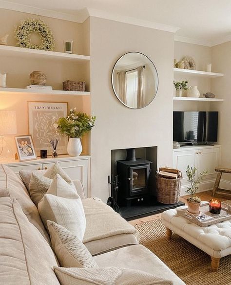 Alcove Ideas Living Room, Log Burner Living Room, Lounge Room Styling, Built In Shelves Living Room, Victorian Living Room, Living Room Renovation, School Tomorrow, Cosy Living, Living Room Decor Fireplace