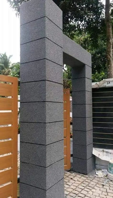 Entrance Gate Pillar Design, Column Design Exterior Entrance, Stone Piller Design Columns, Front Pillar Design Modern, Pillar Cladding Design, Front Gate Pillar Design Modern, Piller Design Ideas Modern Tiles, Pillar Texture Design, Gate Posts Ideas