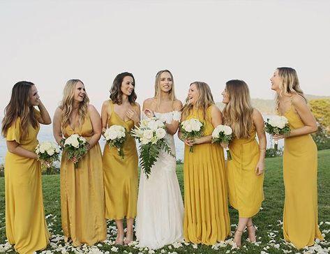 yellow bridesmaids dresses | A Relaxed Marigold Wedding in Sayulita, Mexico - Inspired By This Mustard Bridesmaid Dresses, Mustard Yellow Wedding, Marigold Bridesmaid Dress, Marigold Wedding, Wedding Dresses 50s, Petite Wedding Dress, Western Wedding Dresses, Yellow Bridesmaid Dresses, Yellow Dresses