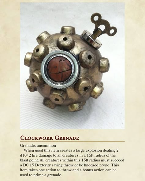 Dnd 5e Explosives, Dnd Clockwork Items, Artificer Inventions Ideas, Dnd Artificer Gadgets, Artificer Creations Dnd, Dnd Artificer Inventions, Dnd Artificer Alchemist, Dnd Artificer Items, Artificer Gadgets