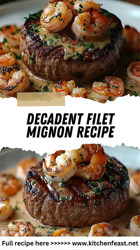 This filet mignon recipe with a rich shrimp and lobster cream sauce is an impressive surf-and-turf dish that’s easy to make for any special dinner! Surf And Turf Recipes, Surf N Turf Recipes, Shrimp And Scallop Recipes, Filet Mignon Recipe, Lobster Cream Sauce, Filet Mignon Recipes, Garlic Steak, Steak And Shrimp