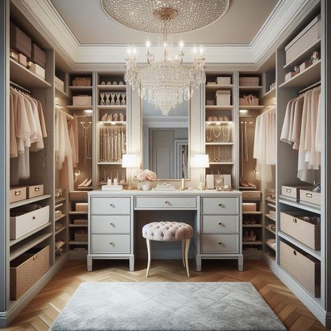 11 Walk-In Closet Design Ideas With Vanity For Your Master Suite - My Besuited Home Built In Dressing Table In Bedroom, Walkin Closet With Makeup Vanity, Main Bedroom Walk In Closet Ideas, Dressing Room Closet With Vanity, Walkin Closet To Bathroom, Walk In Closet With Makeup Station, Closet Designs With Island, Make Up Vanity Walk In Closet, Walk In Closet With Vanity Makeup Rooms