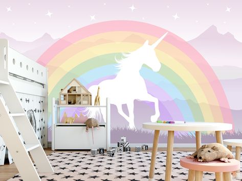 Unicorn with Rainbow Wallpaper for Girls Room :) Our wallpapers are not only beautiful but meet high standards. Click our store to see more ;) Unicorn Mural Girls Bedroom, Rainbow Unicorn Wallpaper, Rainbow Unicorn Bedroom, Girls Unicorn Bedroom, Nursery Lilac, Wallpaper For Girls Room, Unicorn Bedroom Ideas, Unicorn Mural, Girls Rainbow Bedroom