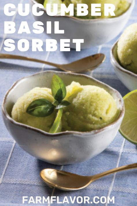 Diy Sorbet, Cucumber Sorbet, Cucumber Ideas, Basil Sorbet, Basil Ice Cream, Sorbet Is, Simple Foods, Lime Sorbet, Recipe Drawing