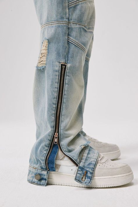 BONELESS Deconstructed Ripped Zipper Jeans — XL / Blue Men Jeans Design, Jeans Design Ideas Men, Custom Jeans Men, Jeans Customization, Denim Diy Clothes, Custom Jean, Denim Streetwear, Unique Jeans, Jeans Design