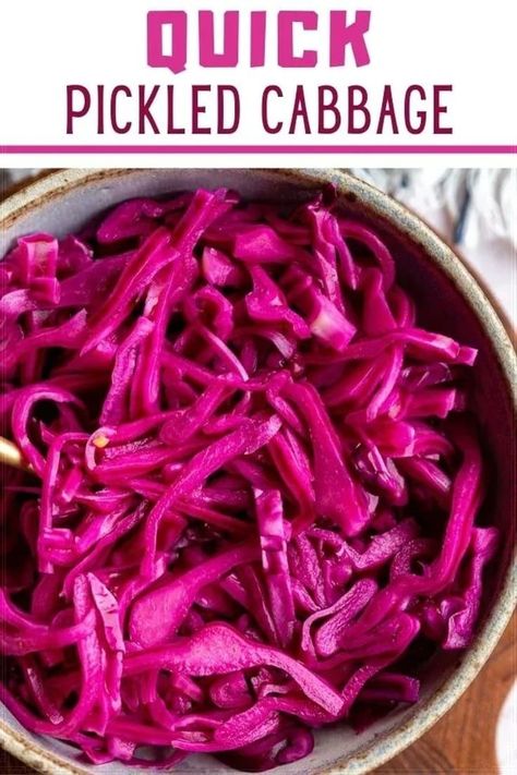 This Pickled Cabbage recipe makes the best pickled red cabbage in only about 10 minutes hands-on time! It completely transforms this veggie and adds an incredible pop of flavor. Use it in sandwiches, on avocado toast, in tacos, on burgers, with pulled pork and more! If you are new to pickling vegetables, this pickled cabbage will be a great recipe to start with. All you need is two large mason jars, red cabbage, and a few common ingredients to get get going. Pickled Purple Cabbage Recipe, Pickled Red Cabbage Uses, Quick Pickled Cabbage For Tacos, Quick Pickled Red Cabbage, Pickled Cabbage And Onions, Pickled Red Cabbage For Tacos, Mexican Pickled Cabbage, Pickled Cabbage For Tacos, Pickled Red Cabbage Recipe