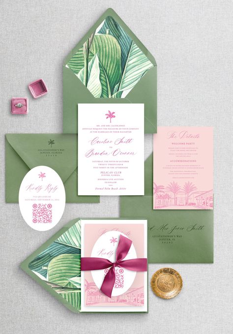 THE JUPITER SUITE Celebrate your special day with our exquisite semi-custom wedding invitation suite, the Sunshine Suite.  This suite would work perfectly for a Palm Springs wedding, Palm Beach wedding, Charleston Wedding, tropical wedding, or coastal wedding! I have a few font options available if that's a concern. WHAT YOU GET * Letterpress Wedding Invitation (ink color can be changed) * Digitally printed Oval RSVP Card (not letterpress but option for upgrade): 4.875x3.5 inches * Optional Deta Palm Tree Invitation, Pink Green Wedding, Letterpress Wedding Invitation, Wedding Tropical, Tropical Wedding Invitations, Hand Dyed Silk Ribbon, Beach Pink, Letterpress Wedding, Envelope Liner