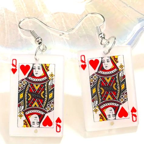 Playing Card Earrings Diy, Queen Of Hearts Earrings, Casino Earrings, Poker Earrings, Silly Earrings, Earrings Card, Queen Of Hearts Card, Card Earrings, Outfit Planning