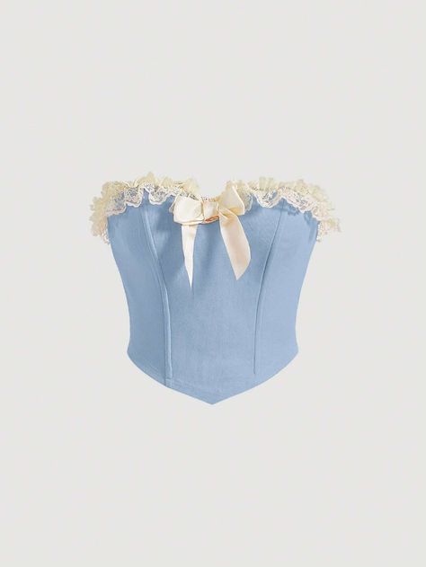 SHEIN MOD Plus Bow Front Lace Ruffle Trim Bandana Hem Tube Top | SHEIN USA Crop Tube Top, Lace Tube Top, Blue Corset, Cropped Tube Top, Girly Outfits, Kpop Outfits, Women Tops, Cute Tops, Tube Top