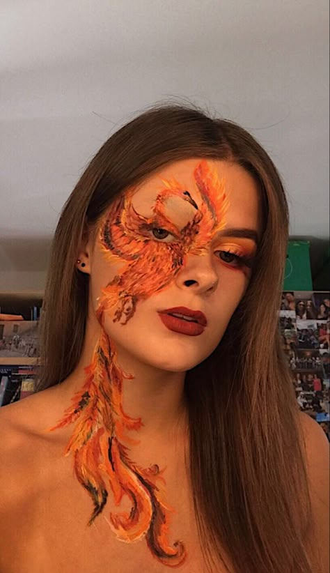 Phoenix Makeup Look, Phoenix Costume Makeup, Phoenix Face Paint, Face Painting Aesthetic, Maquillage Harry Potter, Phoenix Makeup, Fire Makeup, Makeup Artistic, Makeup Print