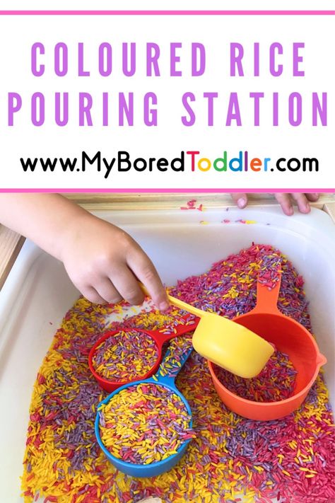 Coloured Rice Pouring Station: Colouring the rice takes this simple sensory bin idea to the next level. Easy setup and perfect for toddlers! Pouring Station, Coloured Rice, Sensory Play Toddlers, Toddler Sensory Bins, Easy Toddler Activities, Fun Activities For Toddlers, Colored Rice, Early Childhood Teacher, Toddler Sensory