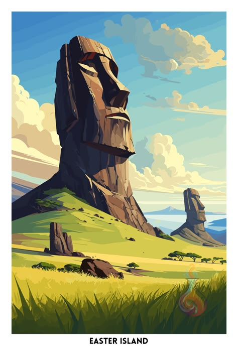 ✈️ Wonderful wall art, perfect for eclectic style house decor! 😃🌎🧭 Easter Island Drawing, Italian Pictures, Easter Island Travel, Island Illustration, Fun Diy Halloween Decorations, Dali Art, Illustration Art Kids, Japan Painting, Vector Poster