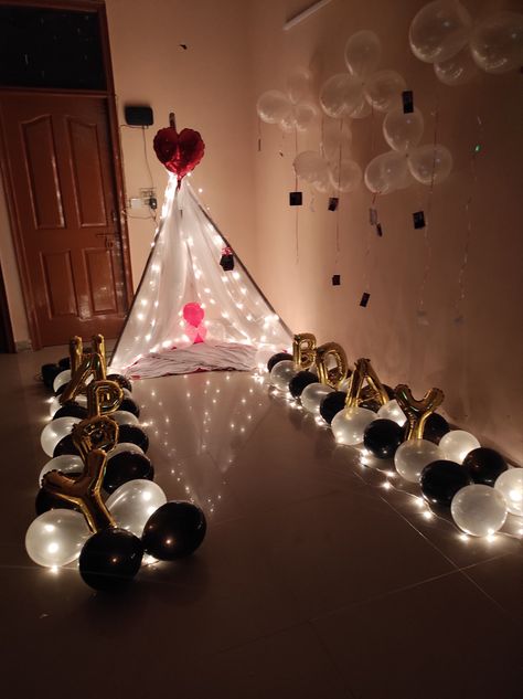 Decoration with tent and balloons using HBD on the floor! Baloon Decorations For Birthday, Creative Birthday Gifts, Birthday Decoration, On The Floor, Floor Decor, The Floor, Birthday Decorations, Tent, Balloons