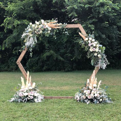 Neutral flowers and greenery installation on hexagon wedding ceremony arch. Perfect for a garden, park, backyard, or outdoor ceremony Floral Hexagon Wedding, Wedding Altars Outdoor Simple, Pond Ceremony Wedding, Hexagon Altar Wedding, Hexagon Wedding Arch Flowers And Drapery, Backyard Pond Wedding, Front Yard Wedding Ceremony, Pond Wedding Ideas, Octogon Archway Wedding