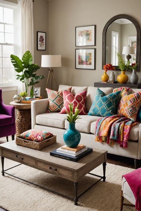 21 Colourful Living Room Decor Ideas – The Dear Lab Mint Sofa Living Room, Beige Living Room With Pop Of Color, Pops Of Color Living Room, Neutral With Pop Of Color Living Room, Neutral With Pop Of Color, Cozy Colorful Living Room, Pop Of Color Living Room, Color Living Room, Colorful Homes