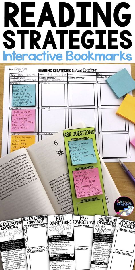 Love these!  Reading strategies bookmarks have a reading comprehension strategy poster on one side and then space for students to independently interact with the reading strategy on the back. Strategies include visualizing, using context clues, close reading, synthesizing information, making connections, making predictions, making inferences, asking questions, and drawing conclusions. Reading Strategy Posters | Reading Comprehension Strategies Activities | Reading Bookmarks | Guided Reading 6th Grade Reading Classroom Set Up, Reading Comprehension Strategies Posters, Reading Strategy Posters, Comprehension Bookmarks, Reading Strategy Bookmarks, Comprehension Strategy Posters, Reading Response Worksheets, Guided Reading Activities, Reading Strategy