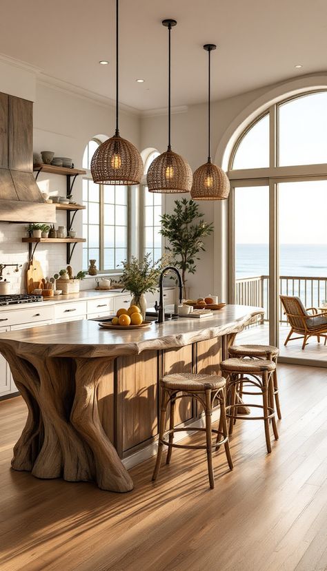 Discover the serene charm of a coastal kitchen escape, where golden hour illuminates a driftwood-inspired island and nautical pendants paint a picture of endless ocean dreams. Rattan Kitchen Pendants, Beachy Kitchen Ideas, Kitchen Beach House, Bahamas House, Beachy Kitchens, Coastal Style Kitchen, Endless Ocean, Paint A Picture, Coastal Interior