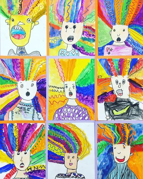 Miss Blomgren on Instagram: “CrAzY HaIr SeLf-PoRtRaIts by my 1st graders! This @artwithmrs.e lesson is always a hit!🙌🏻 . . #firstgradeart #firstgrade #firstgradeteacher…” Elementary Art Self Portraits, 2nd Grade Self Portraits, Kindergarten Self Portraits, Grade 1 Art, Clay Projects For Kids, First Grade Art, Childrens Art Projects, Self Portrait Art, Elementary School Art