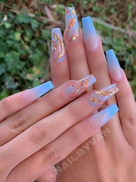 Blue And Gold Nails, Blue Coffin Nails, Shape Nails, Lilac Nails, Purple Acrylic Nails, Fantasy Nails, Blue Acrylic Nails, Ombre Acrylic Nails, Coffin Shape