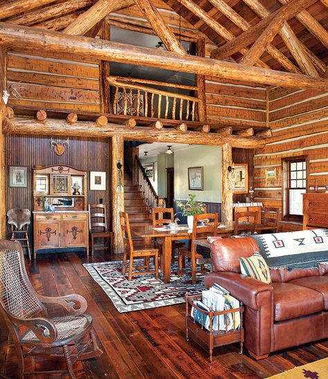 Ranch House Interior, Old Ranch House, Stucco And Stone Exterior, Post Frame Homes, Two Story Fireplace, Cabin Living Room, Southwestern Home, Cabin Interiors, Mountain Living