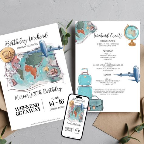 Vacation Invitation, Birthday Itinerary, Travel Printables, Birthday Weekend, Girls Weekend, Weekend Getaway, 30th Birthday, Weekend Getaways, Digital Invitations